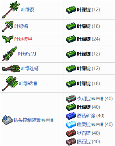 泰拉瑞亚叶绿锭能做什么 1.4叶绿锭合成物列表